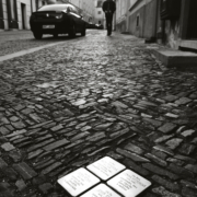 Four stolpersteins in a cobbled street surface