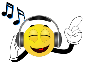 Smiling emoji with music headphones