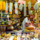 Deli food displayed in delicatessen shop window