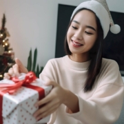 Woman looking at wrapped Christmas present